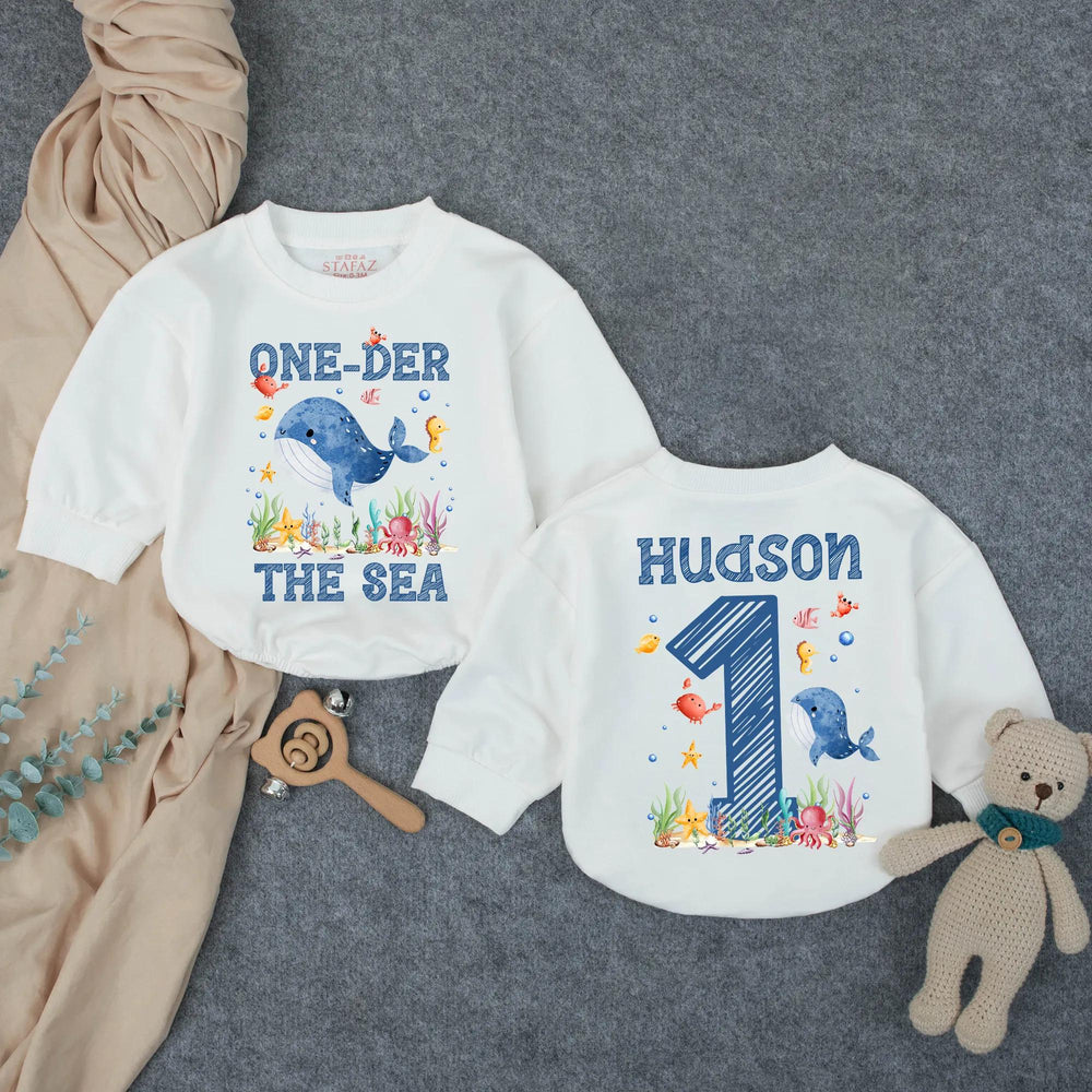 Personalized Oneder the Sea First Birthday Outfit for Baby Boy with Whale Octopus Starfish Design, Cute Ocean Cake Smash Romper Gift