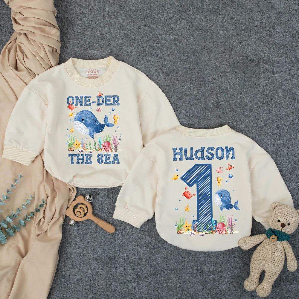 Personalized Oneder the Sea First Birthday Outfit for Baby Boy with Whale Octopus Starfish Design, Cute Ocean Cake Smash Romper Gift