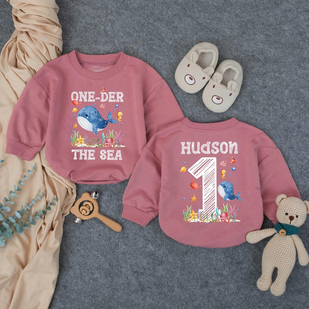 Personalized Oneder the Sea First Birthday Outfit for Baby Boy with Whale Octopus Starfish Design, Cute Ocean Cake Smash Romper Gift