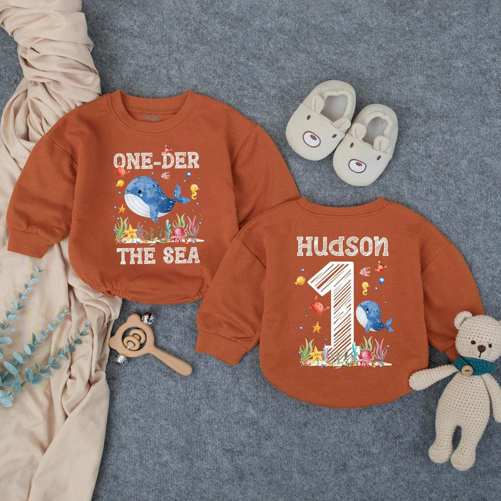 Personalized Oneder the Sea First Birthday Outfit for Baby Boy with Whale Octopus Starfish Design, Cute Ocean Cake Smash Romper Gift