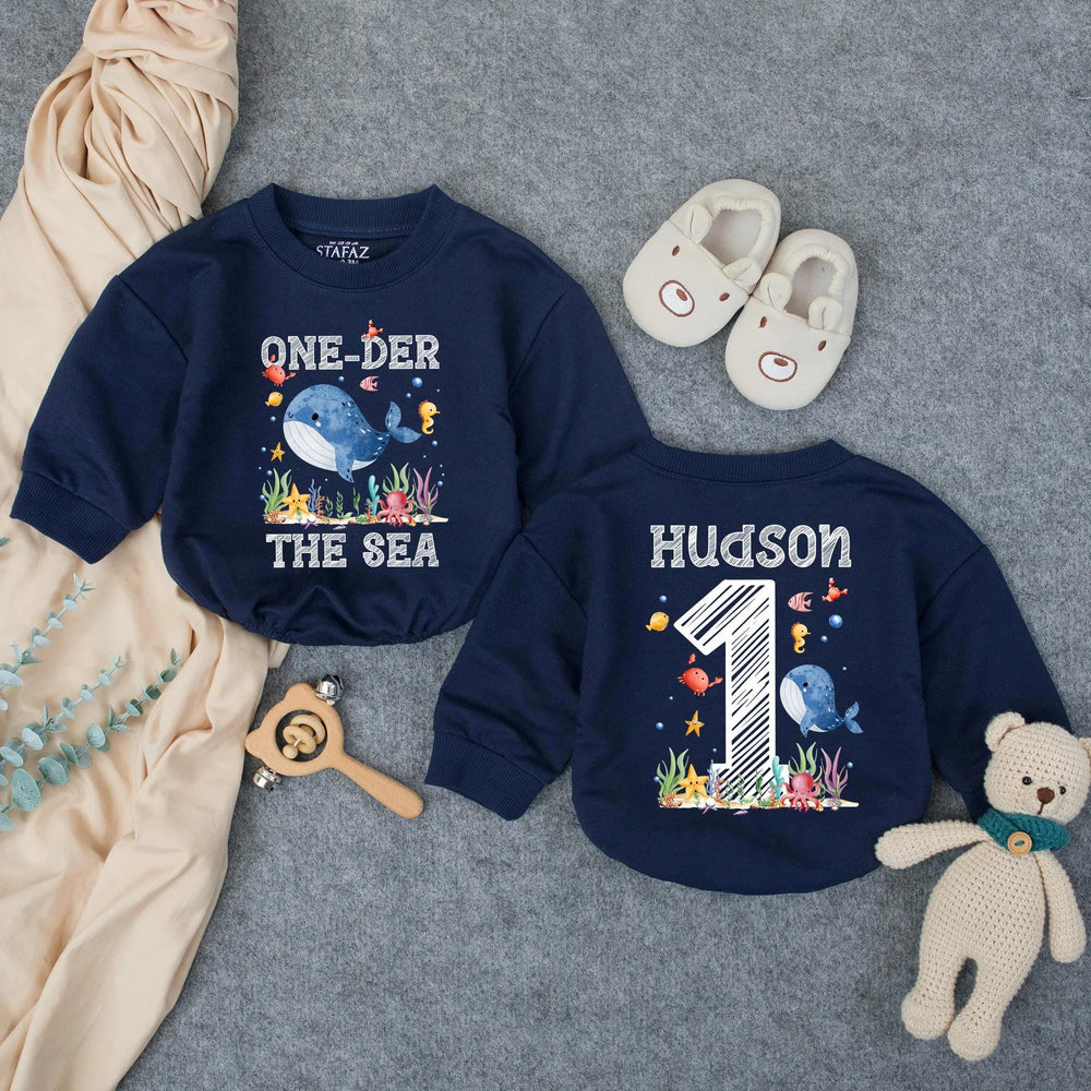 Personalized Oneder the Sea First Birthday Outfit for Baby Boy with Whale Octopus Starfish Design, Cute Ocean Cake Smash Romper Gift