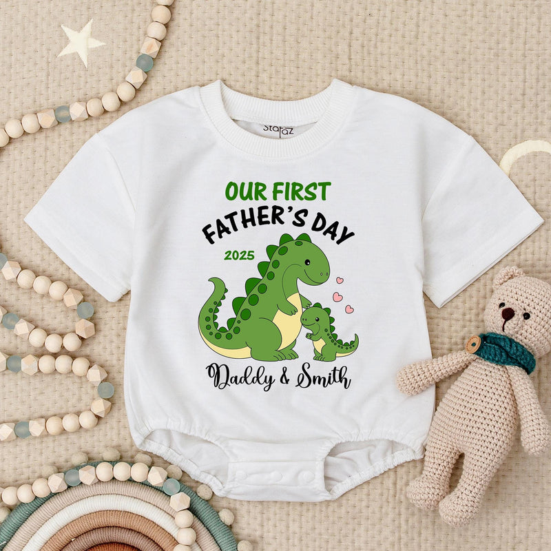Personalized Our First Father’s Day Dinosaur Baby Romper with Cute Dino Design 2025, Custom Gift for Dad and Baby Boy or Girl
