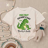 Personalized Our First Father’s Day Dinosaur Baby Romper with Cute Dino Design 2025, Custom Gift for Dad and Baby Boy or Girl