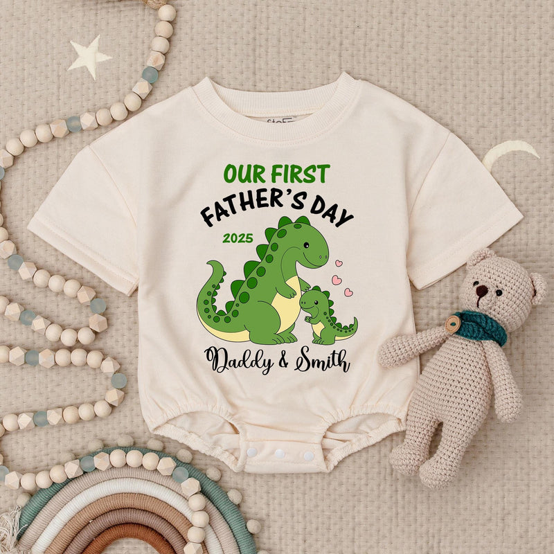Personalized Our First Father’s Day Dinosaur Baby Romper with Cute Dino Design 2025, Custom Gift for Dad and Baby Boy or Girl