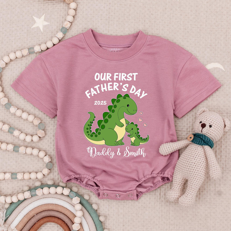 Personalized Our First Father’s Day Dinosaur Baby Romper with Cute Dino Design 2025, Custom Gift for Dad and Baby Boy or Girl