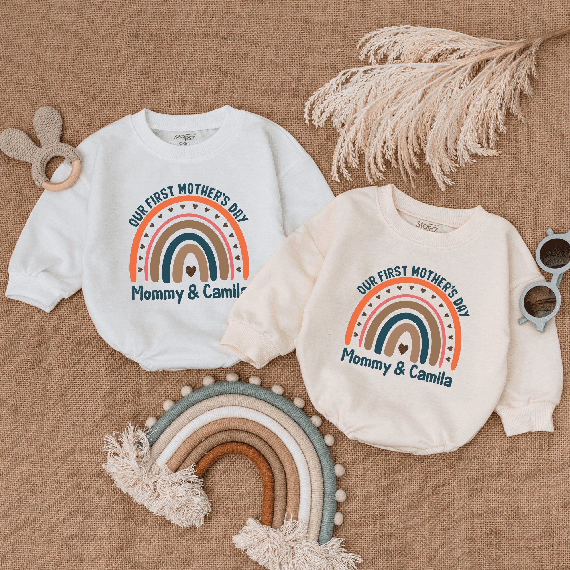 Personalized Our First Mother's Day Baby Romper Boho Rainbow Design with Names Soft Cotton Infant Gift Teal Orange Brown Newborn