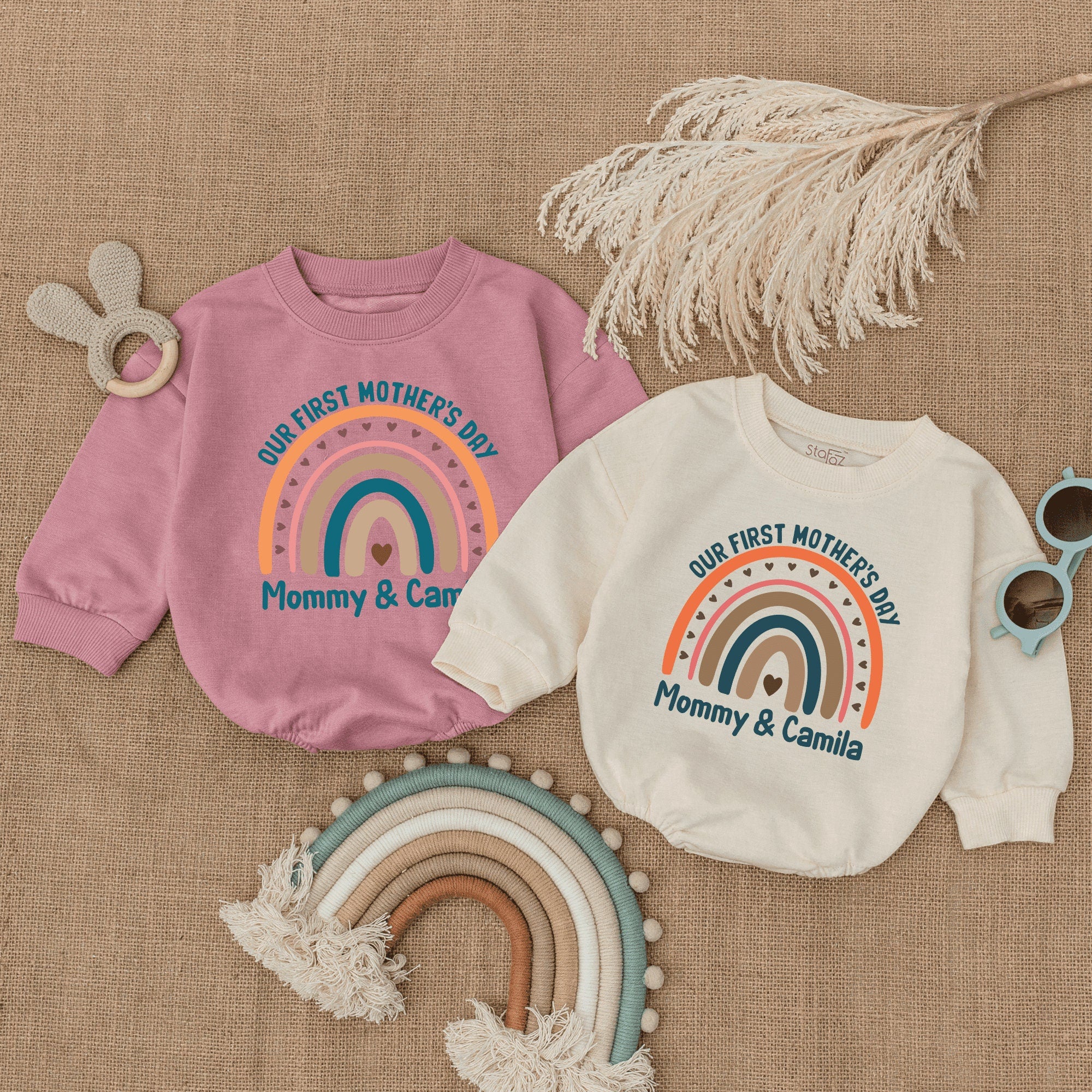 Personalized Our First Mother's Day Baby Romper Boho Rainbow Design with Names Soft Cotton Infant Gift Teal Orange Brown Newborn