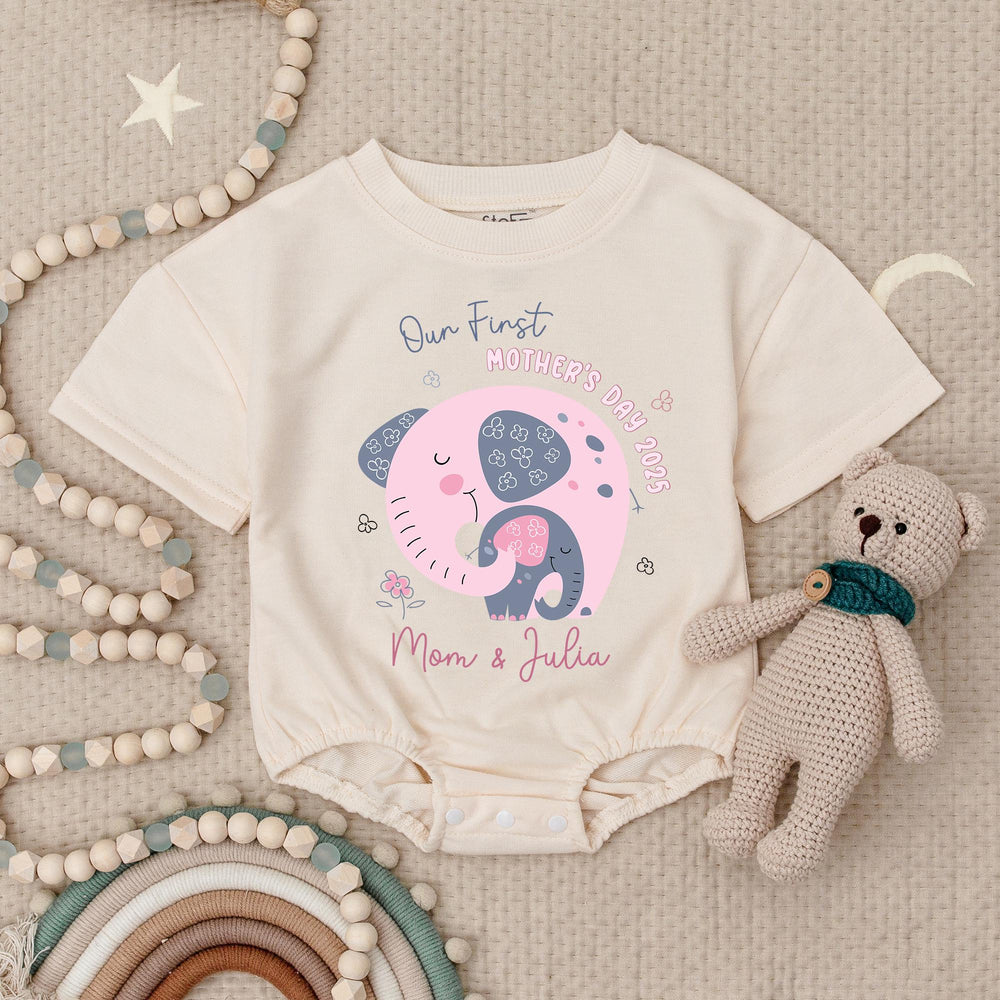 Personalized Our First Mother's Day Baby Romper with Elephant Graphics Custom Names Soft Cotton Outfit for Infant Toddler Boys Girls 2025