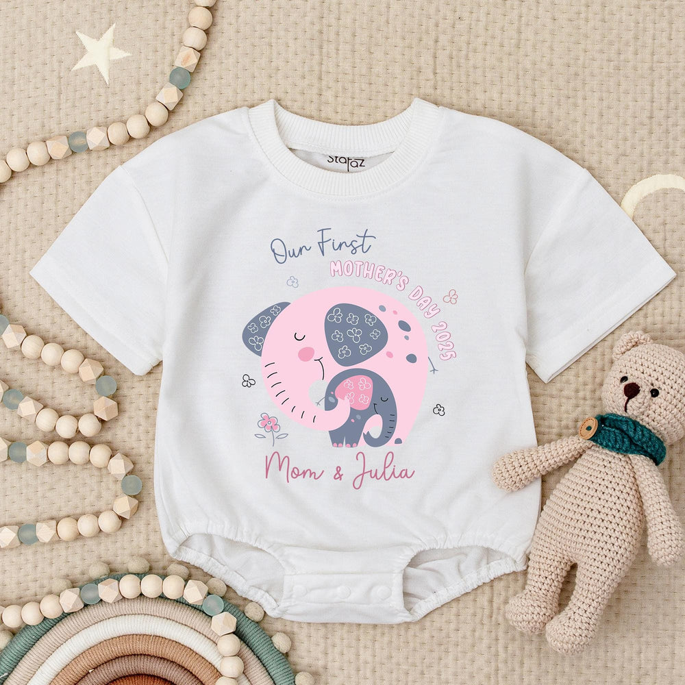 Personalized Our First Mother's Day Baby Romper with Elephant Graphics Custom Names Soft Cotton Outfit for Infant Toddler Boys Girls 2025