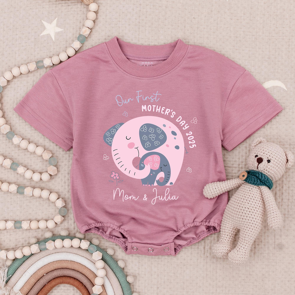 Personalized Our First Mother's Day Baby Romper with Elephant Graphics Custom Names Soft Cotton Outfit for Infant Toddler Boys Girls 2025