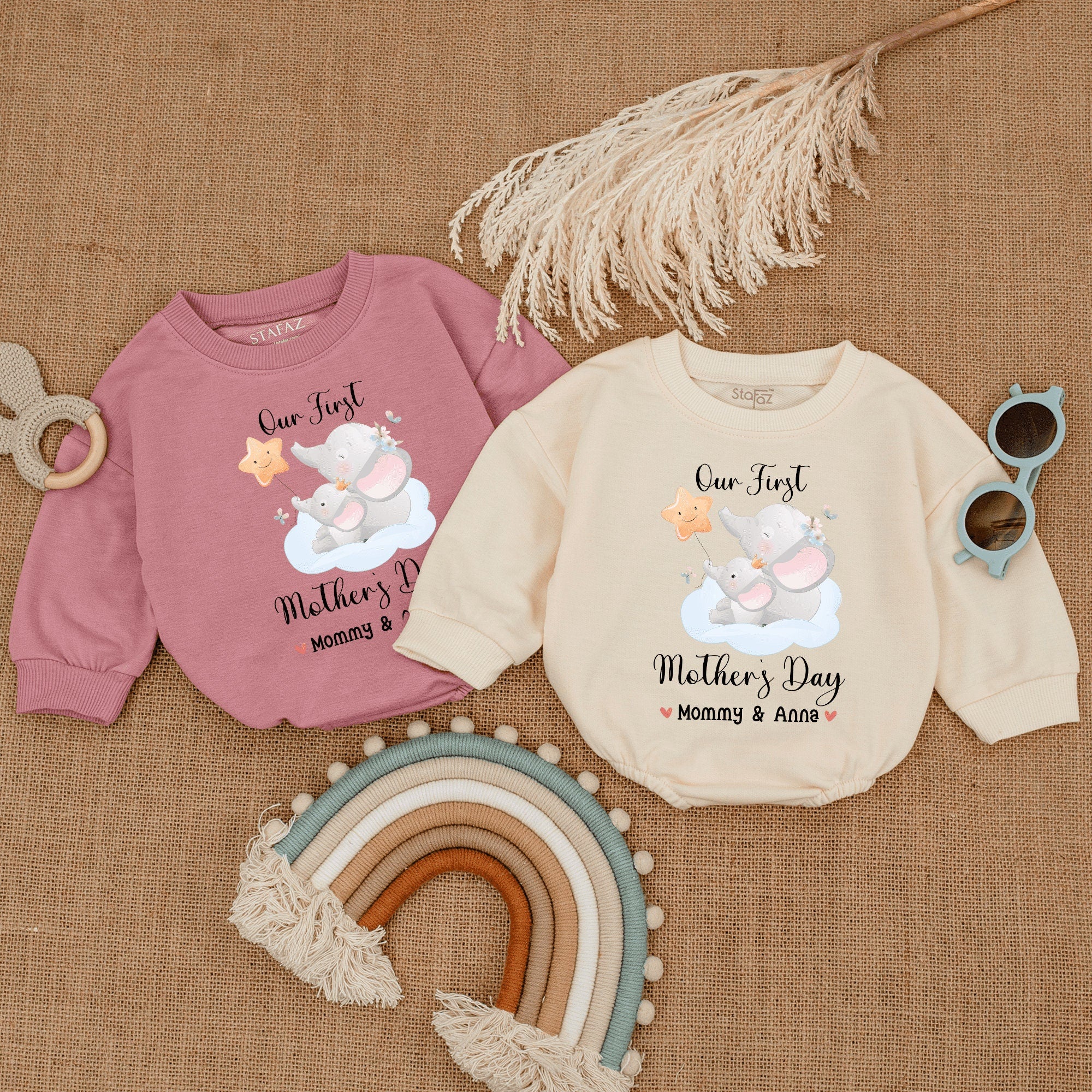 Personalized Our First Mother's Day Baby Romper with Whimsical Elephants Pastel Colors Soft Cotton Infant Gift Mommy and Me Outfit