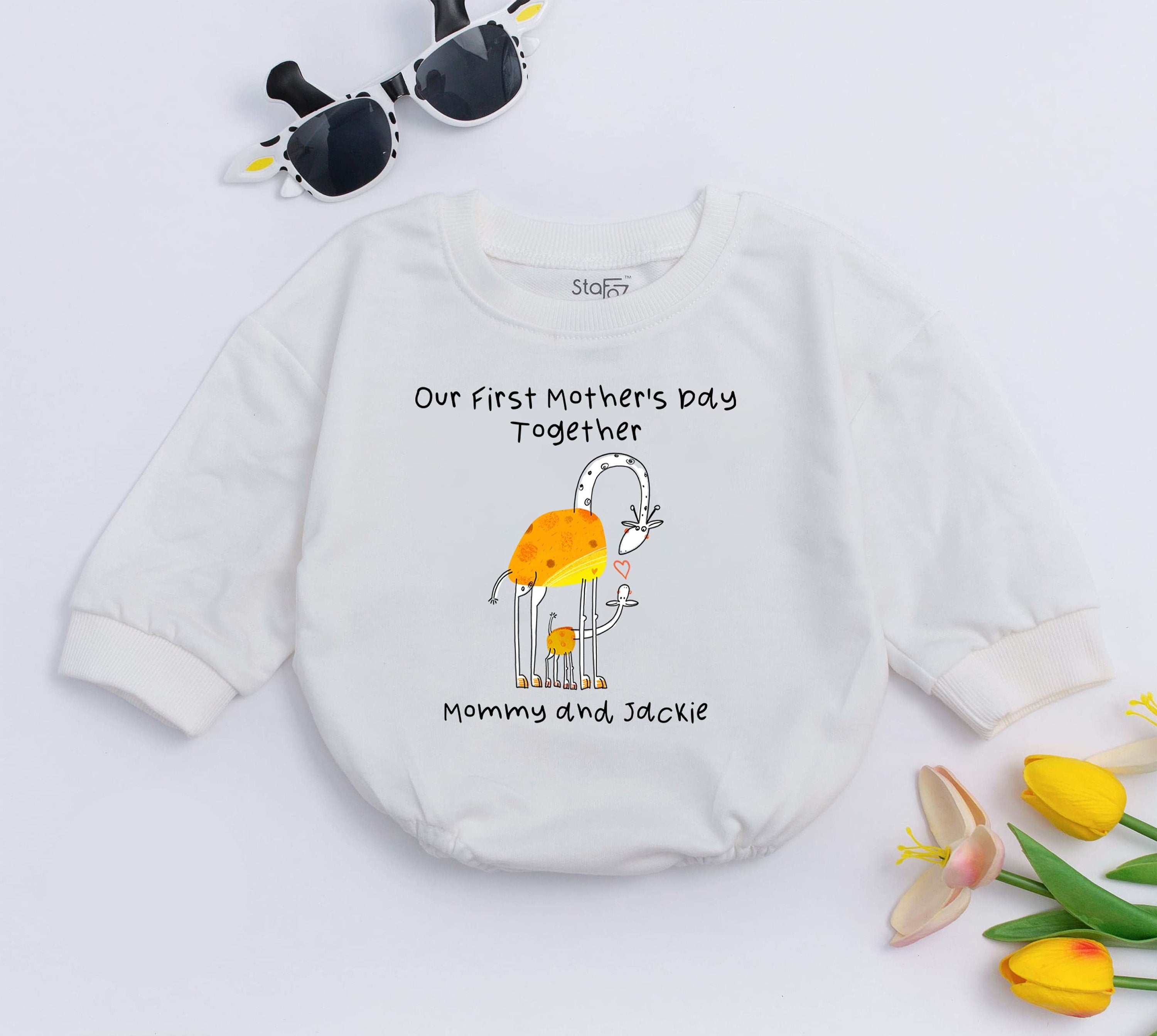Personalized Our First Mother's Day Giraffe Romper Baby Gift Soft Cotton Infant Bodysuit Mommy and Jackie Custom Name Sleepsuit