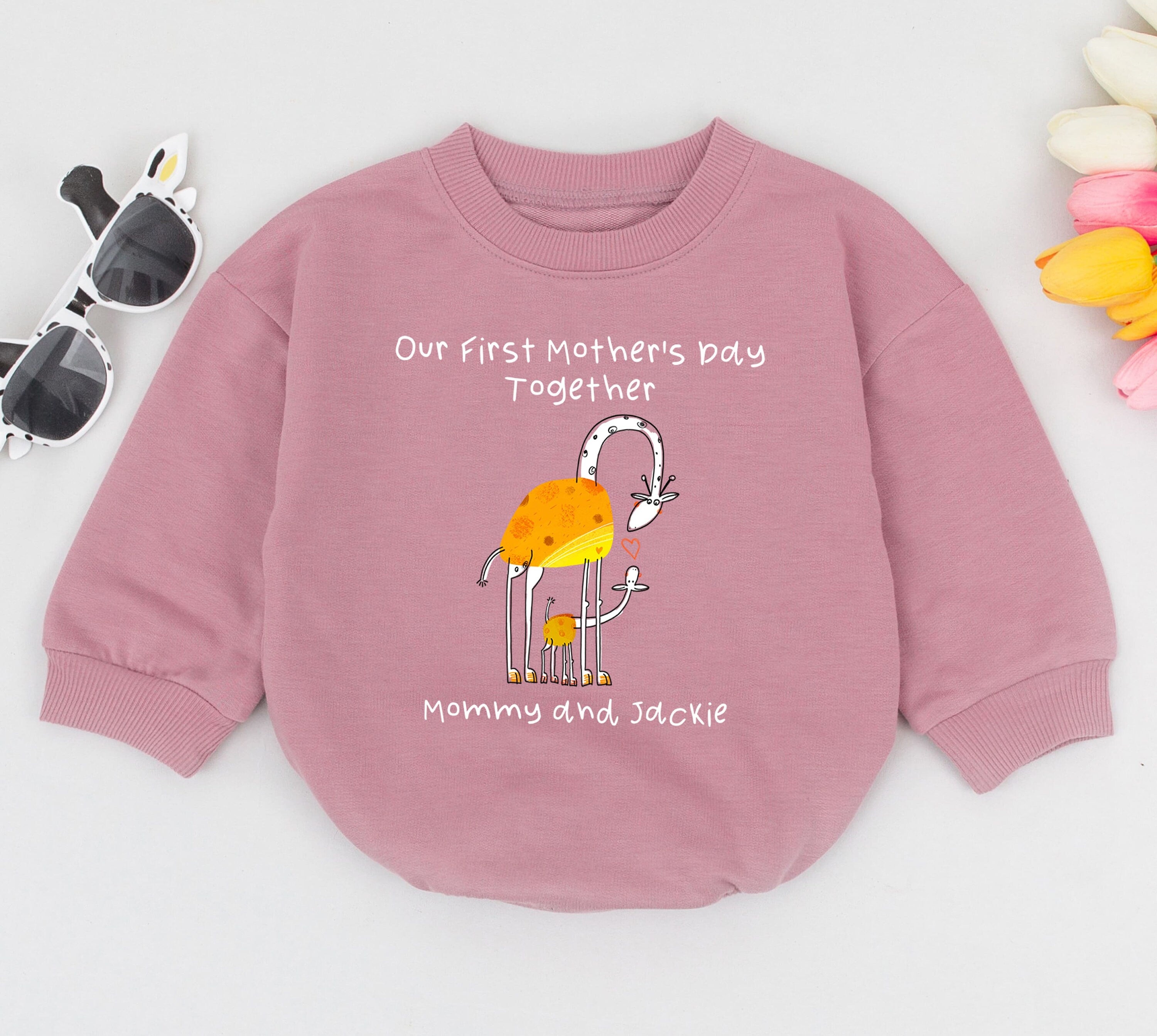 Personalized Our First Mother's Day Giraffe Romper Baby Gift Soft Cotton Infant Bodysuit Mommy and Jackie Custom Name Sleepsuit
