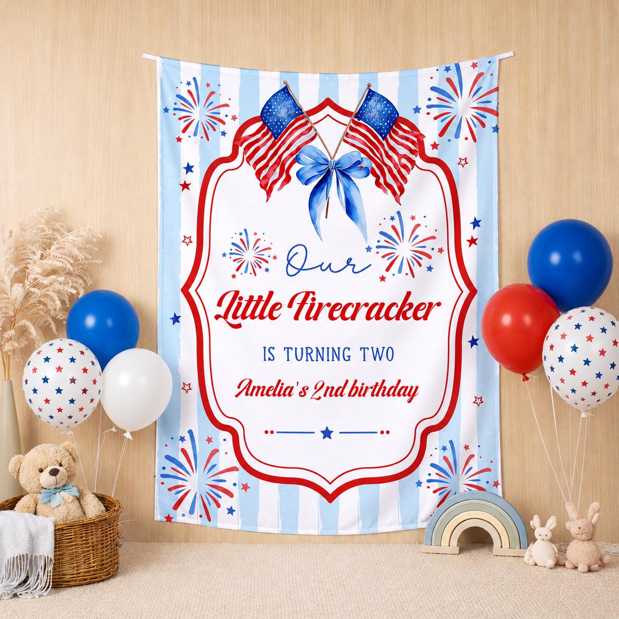 Personalized Our Little Firecracker Birthday Banner, Red White Blue Patriotic Party Decor, Custom Name 2nd Birthday Celebration Sign