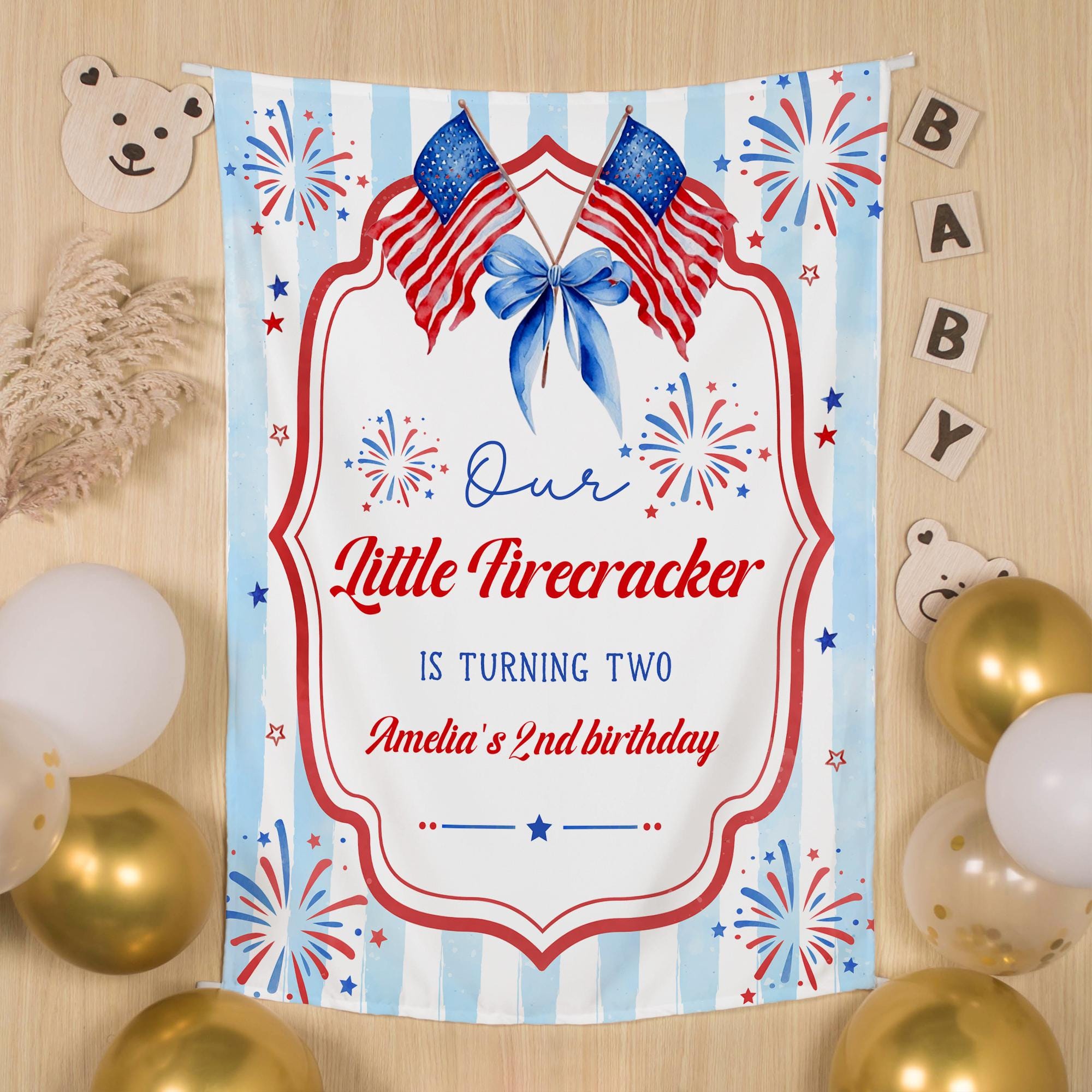 Personalized Our Little Firecracker Birthday Banner, Red White Blue Patriotic Party Decor, Custom Name 2nd Birthday Celebration Sign