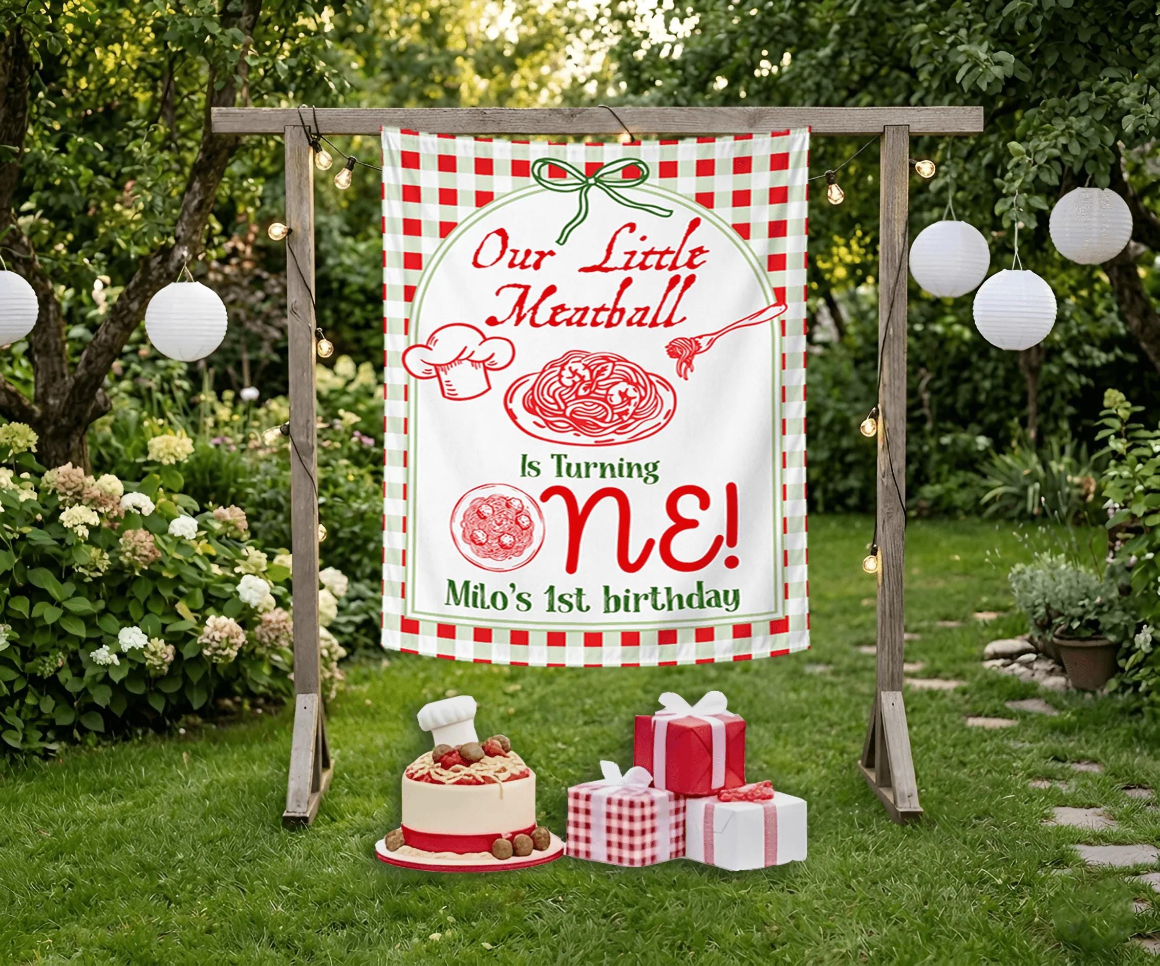 Personalized Our Little Meatball 1st Birthday Banner Italian Theme Party Decor Custom Spaghetti Design Backdrop for Baby Boy or Girl