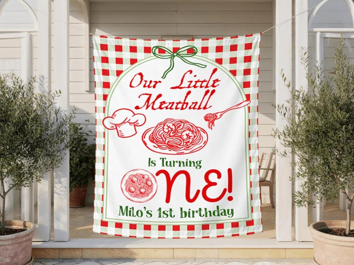 Personalized Our Little Meatball 1st Birthday Banner Italian Theme Party Decor Custom Spaghetti Design Backdrop for Baby Boy or Girl
