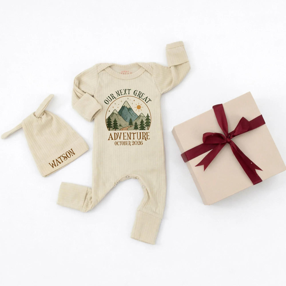 Personalized Our Next Great Adventure Baby Bodysuit with Mountain Design, Pregnancy Announcement Outfit, October 2026 Baby Shower Gift