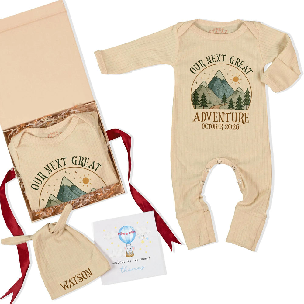 Personalized Our Next Great Adventure Baby Bodysuit with Mountain Design, Pregnancy Announcement Outfit, October 2026 Baby Shower Gift