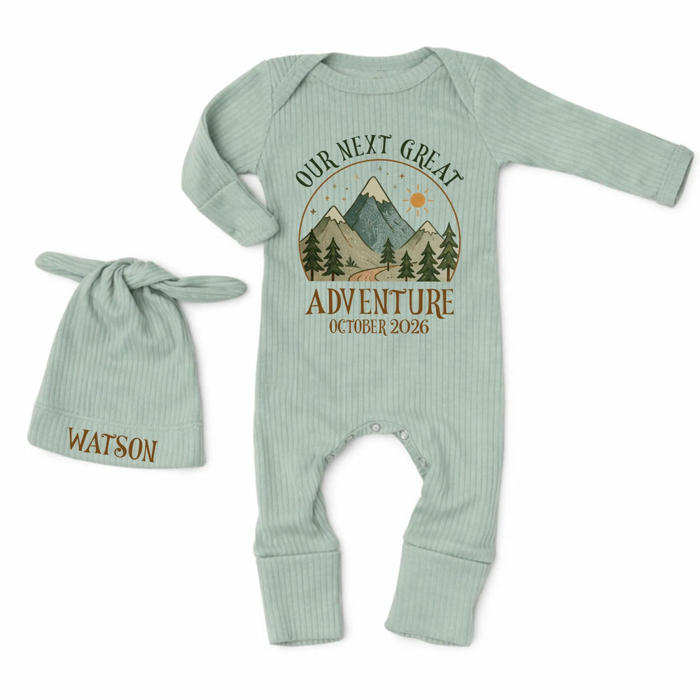 Personalized Our Next Great Adventure Baby Bodysuit with Mountain Design, Pregnancy Announcement Outfit, October 2026 Baby Shower Gift