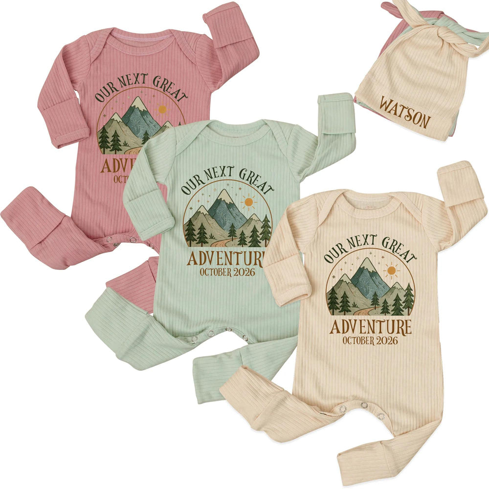 Personalized Our Next Great Adventure Baby Bodysuit with Mountain Design, Pregnancy Announcement Outfit, October 2026 Baby Shower Gift