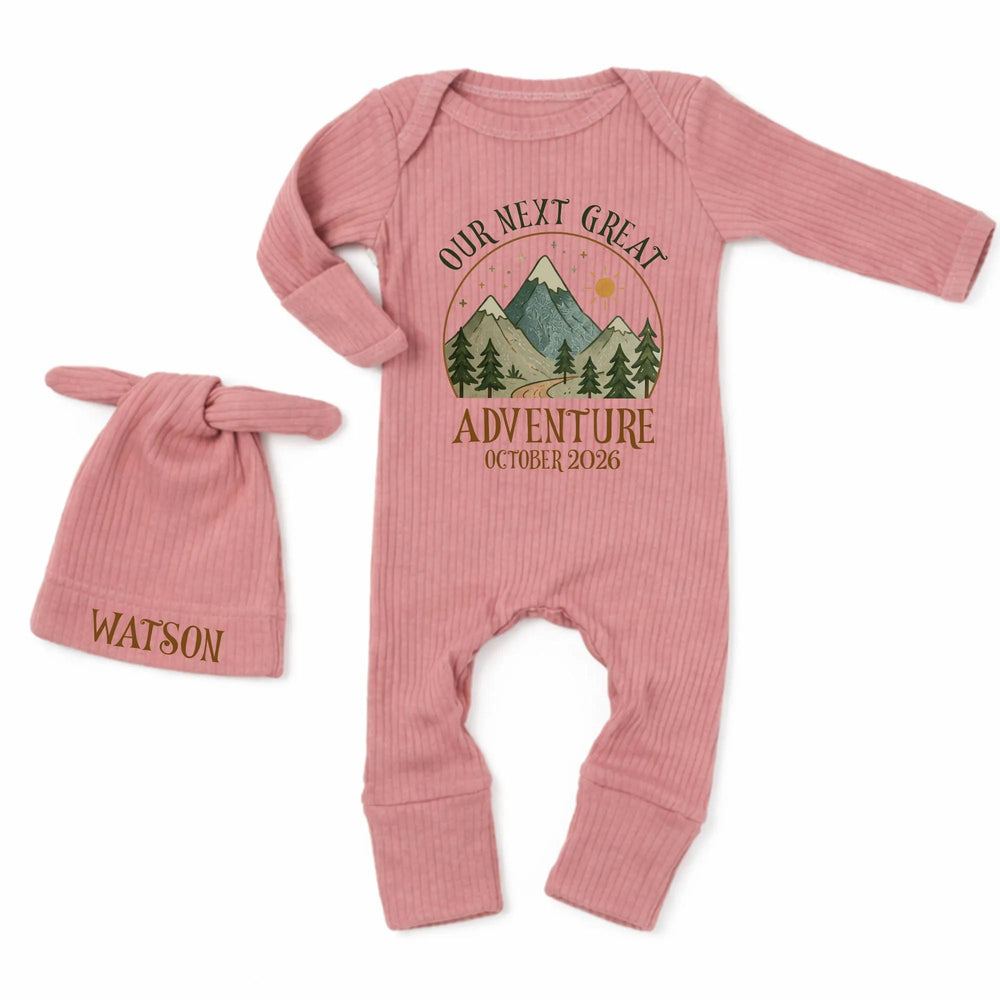 Personalized Our Next Great Adventure Baby Bodysuit with Mountain Design, Pregnancy Announcement Outfit, October 2026 Baby Shower Gift