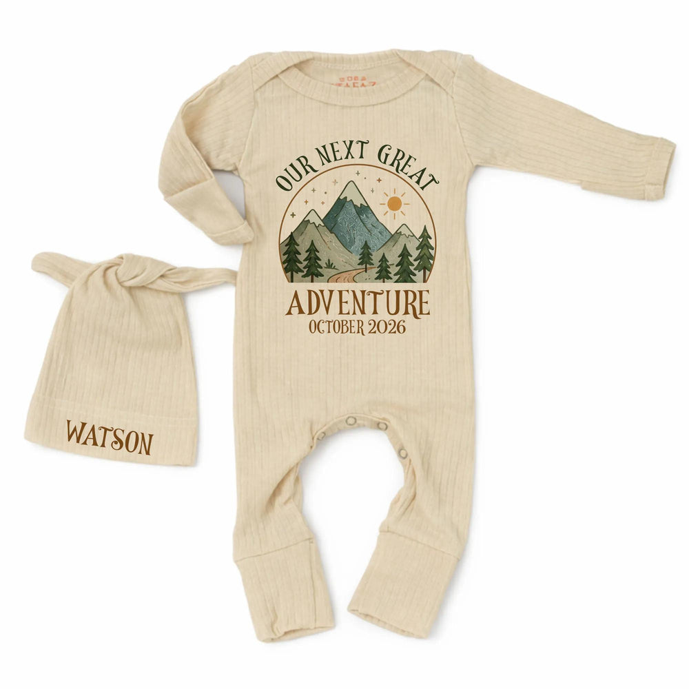 Personalized Our Next Great Adventure Baby Bodysuit with Mountain Design, Pregnancy Announcement Outfit, October 2026 Baby Shower Gift