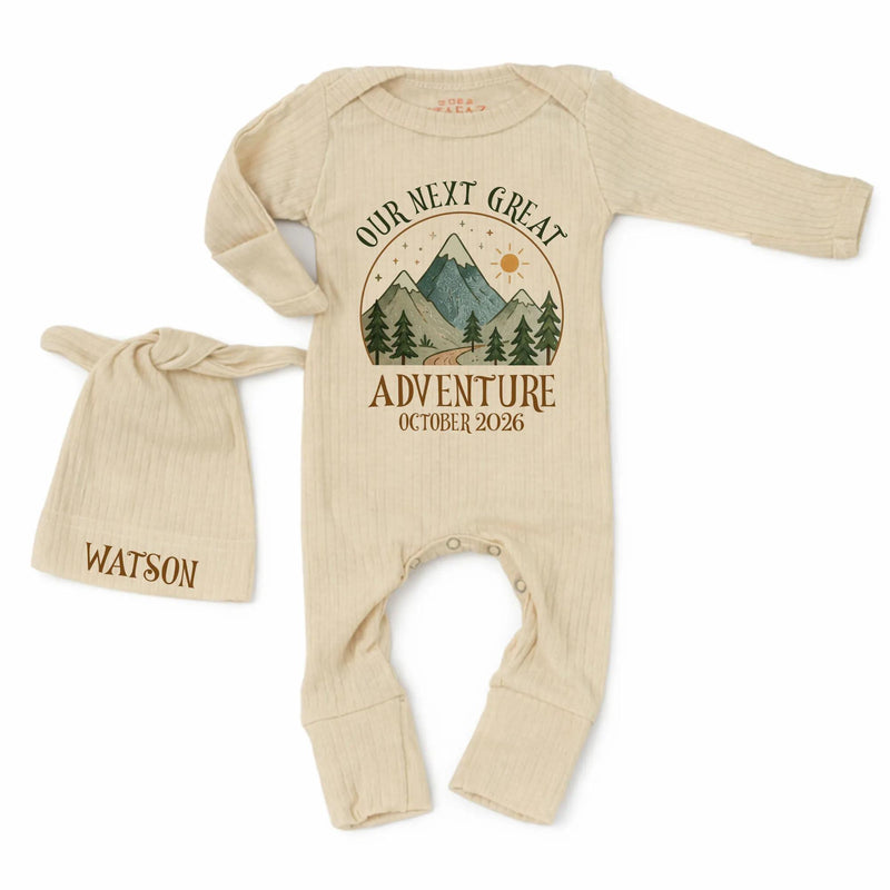 Personalized Our Next Great Adventure Baby Bodysuit with Mountain Design, Pregnancy Announcement Outfit, October 2026 Baby Shower Gift