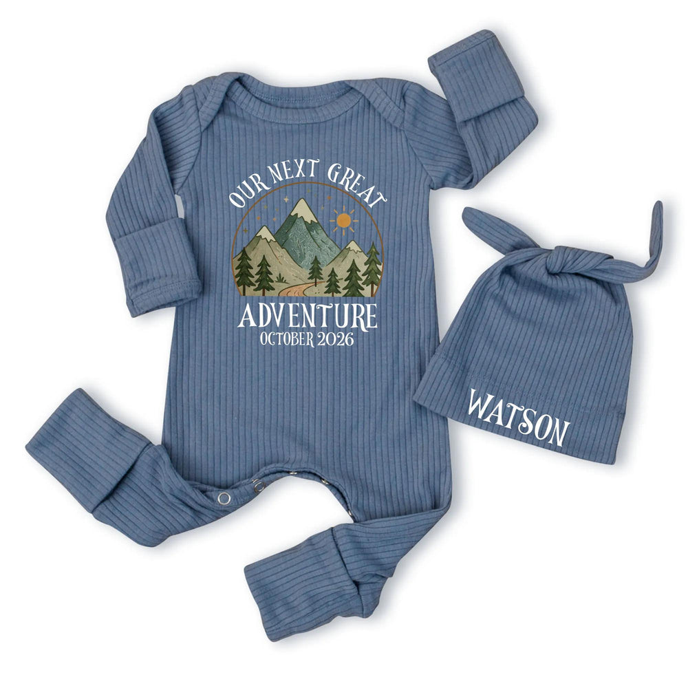 Personalized Our Next Great Adventure Baby Bodysuit with Mountain Design, Pregnancy Announcement Outfit, October 2026 Baby Shower Gift