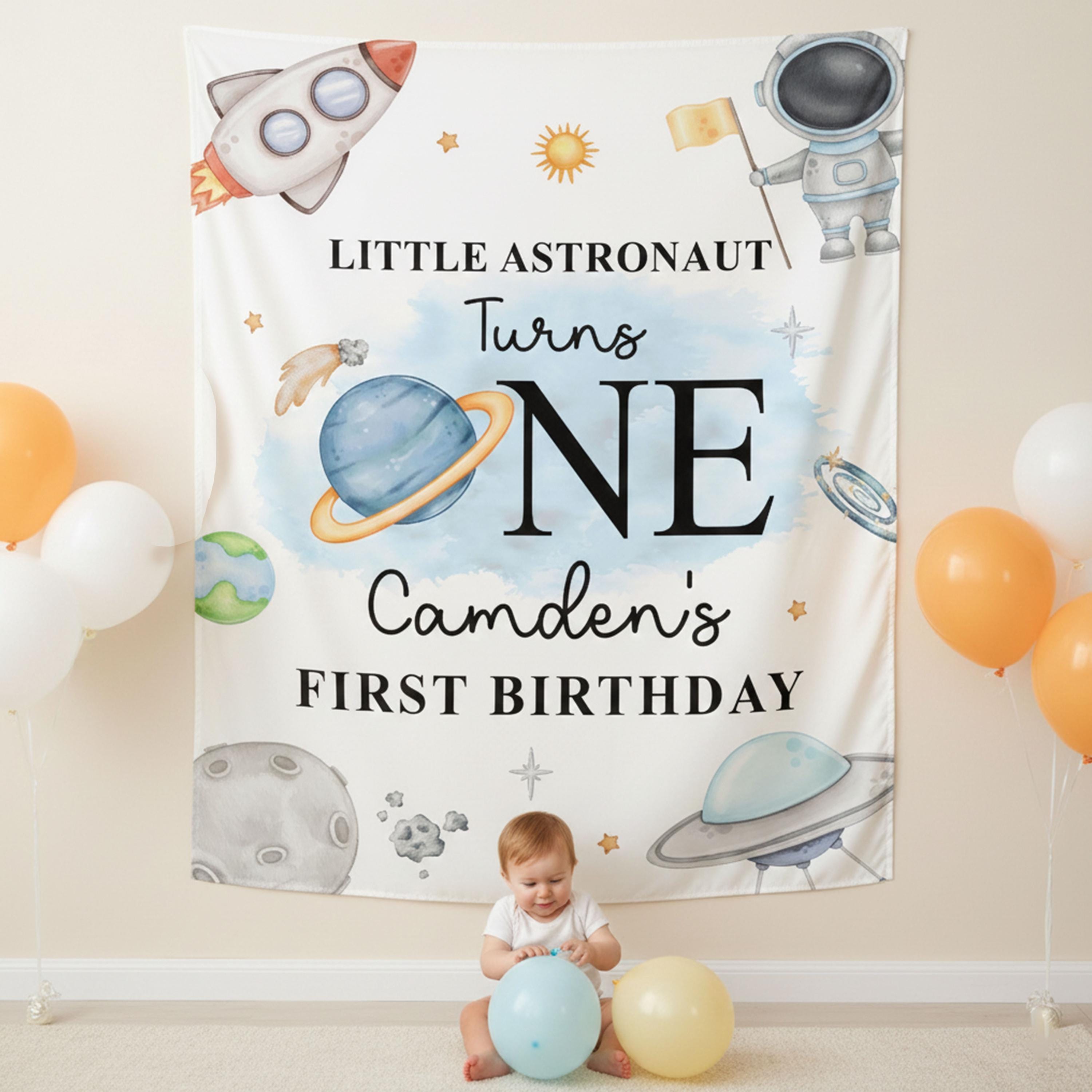 Personalized Outer Space First Birthday Backdrop with Whimsical Astronaut Watercolor Design, Custom Name Party Banner for Baby or Toddler