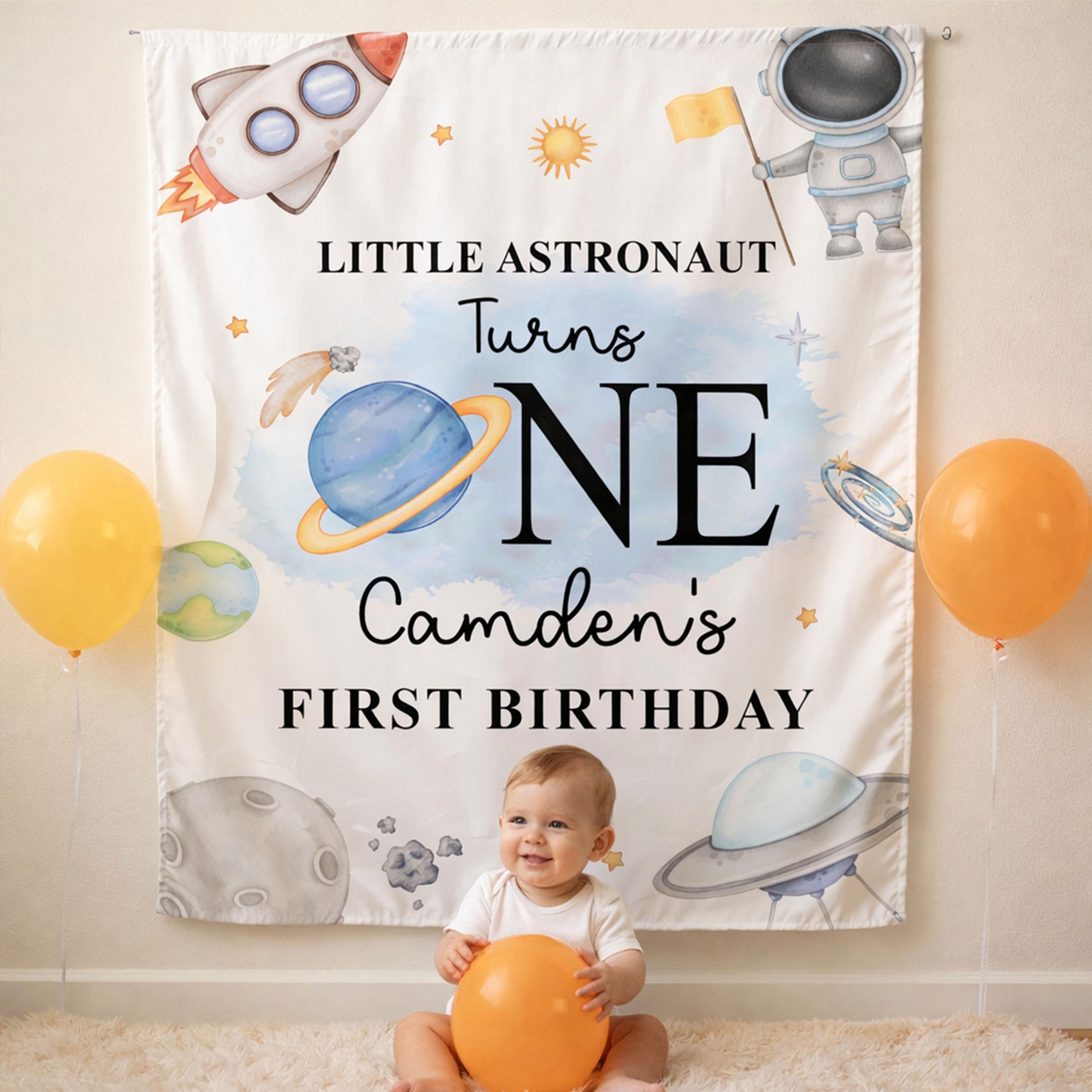 Personalized Outer Space First Birthday Backdrop with Whimsical Astronaut Watercolor Design, Custom Name Party Banner for Baby or Toddler