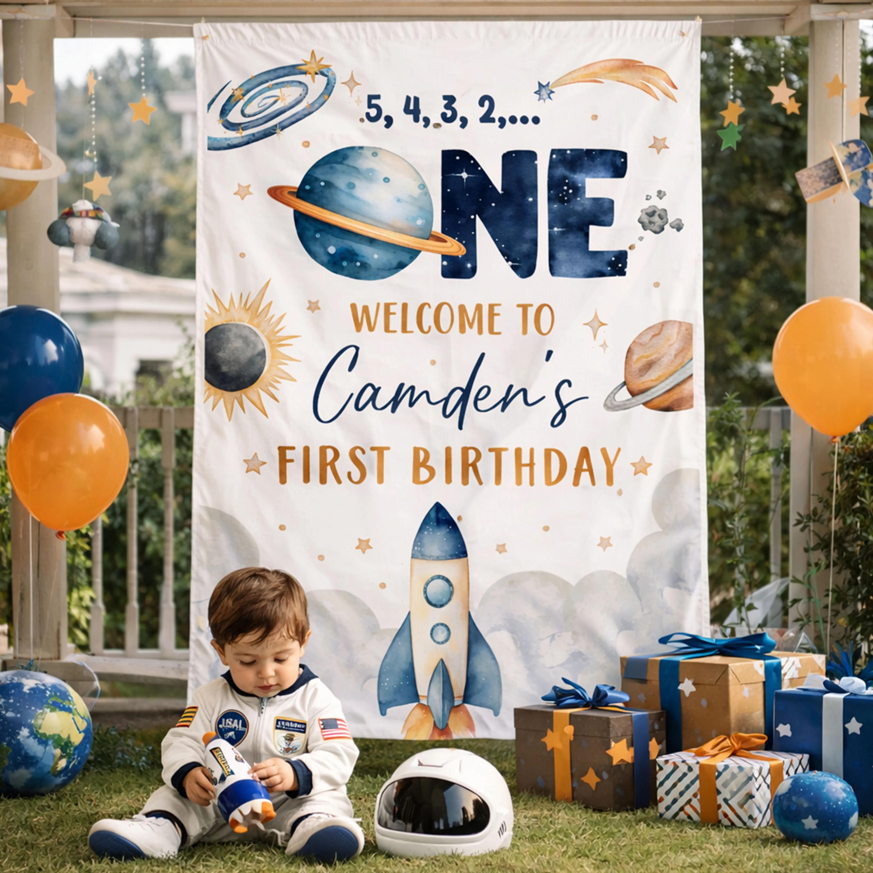 Personalized Outer Space First Birthday Banner with Custom Name Rocket Design Watercolor Galaxy Backdrop Baby Boy Astronaut Party Decor