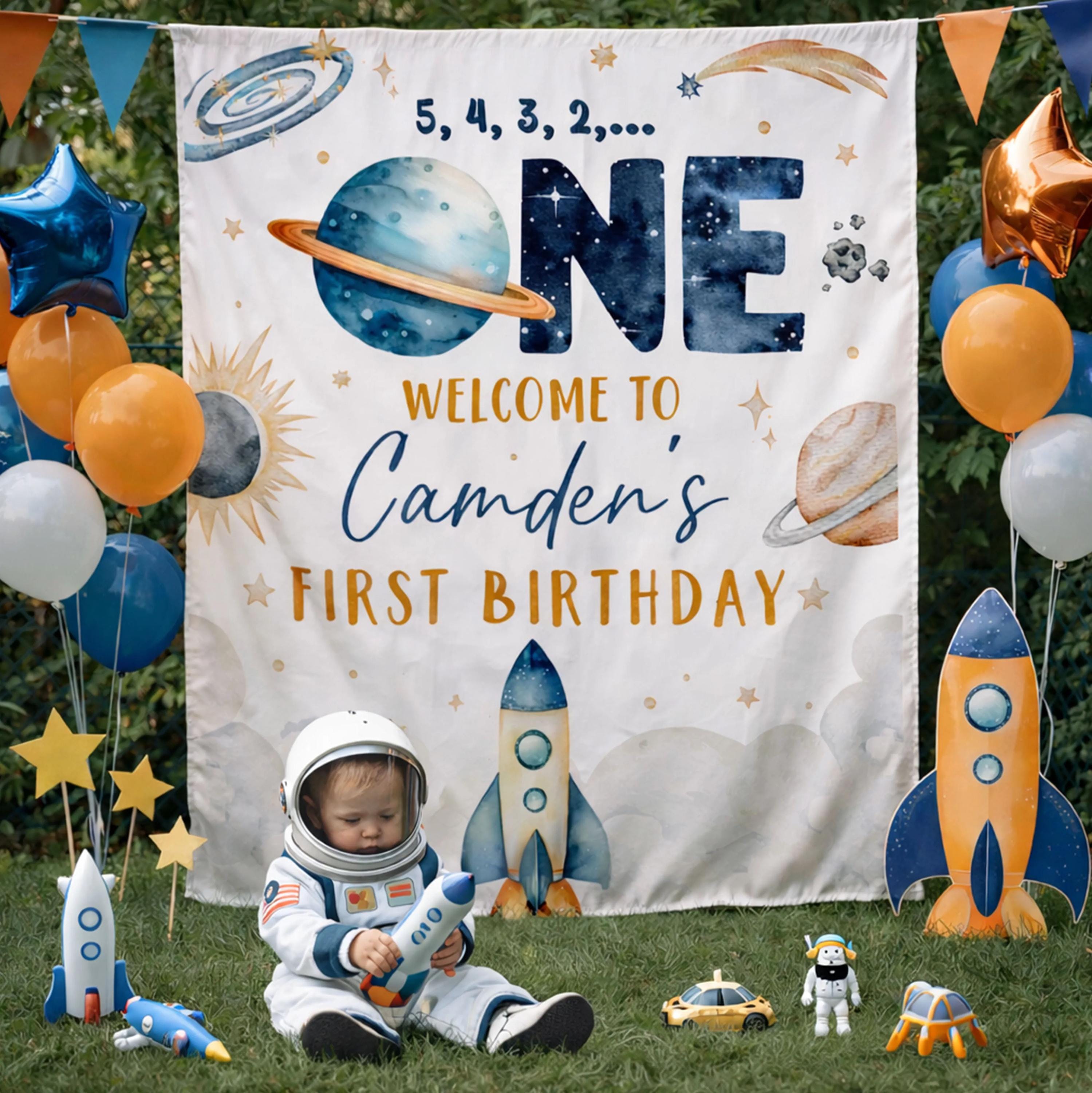 Personalized Outer Space First Birthday Banner with Custom Name Rocket Design Watercolor Galaxy Backdrop Baby Boy Astronaut Party Decor