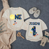 Personalized Outer Space First Birthday Outfit Baby Boy Romper with Astronaut Rocket Moon Design Custom Name for Party or Photoshoot