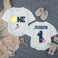 Personalized Outer Space First Birthday Outfit Baby Boy Romper with Astronaut Rocket Moon Design Custom Name for Party or Photoshoot