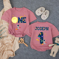 Personalized Outer Space First Birthday Outfit Baby Boy Romper with Astronaut Rocket Moon Design Custom Name for Party or Photoshoot