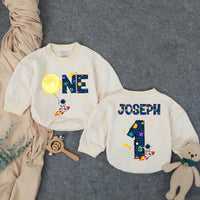 Personalized Outer Space First Birthday Outfit Baby Boy Romper with Astronaut Rocket Moon Design Custom Name for Party or Photoshoot