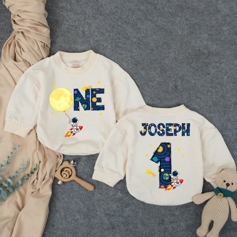 Personalized Outer Space First Birthday Outfit Baby Boy Romper with Astronaut Rocket Moon Design Custom Name for Party or Photoshoot