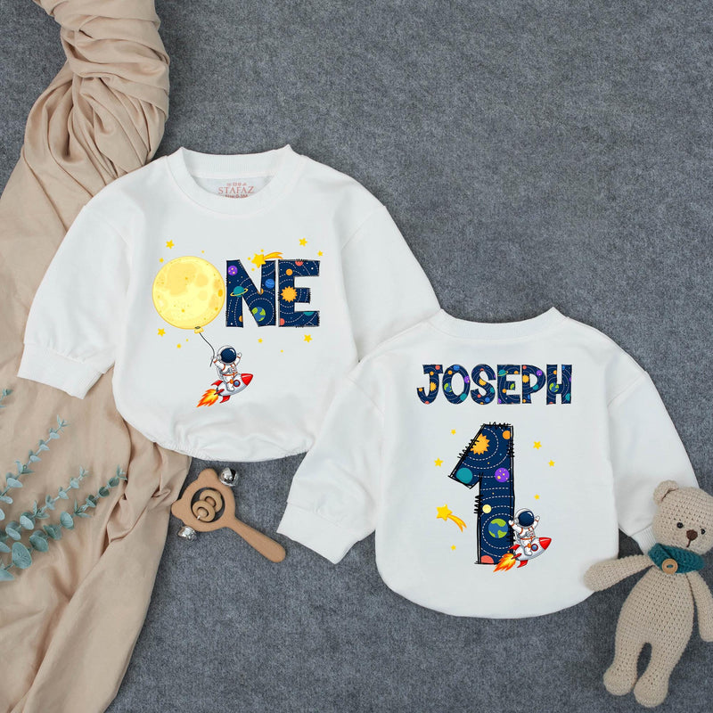 Personalized Outer Space First Birthday Outfit Baby Boy Romper with Astronaut Rocket Moon Design Custom Name for Party or Photoshoot
