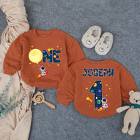 Personalized Outer Space First Birthday Outfit Baby Boy Romper with Astronaut Rocket Moon Design Custom Name for Party or Photoshoot