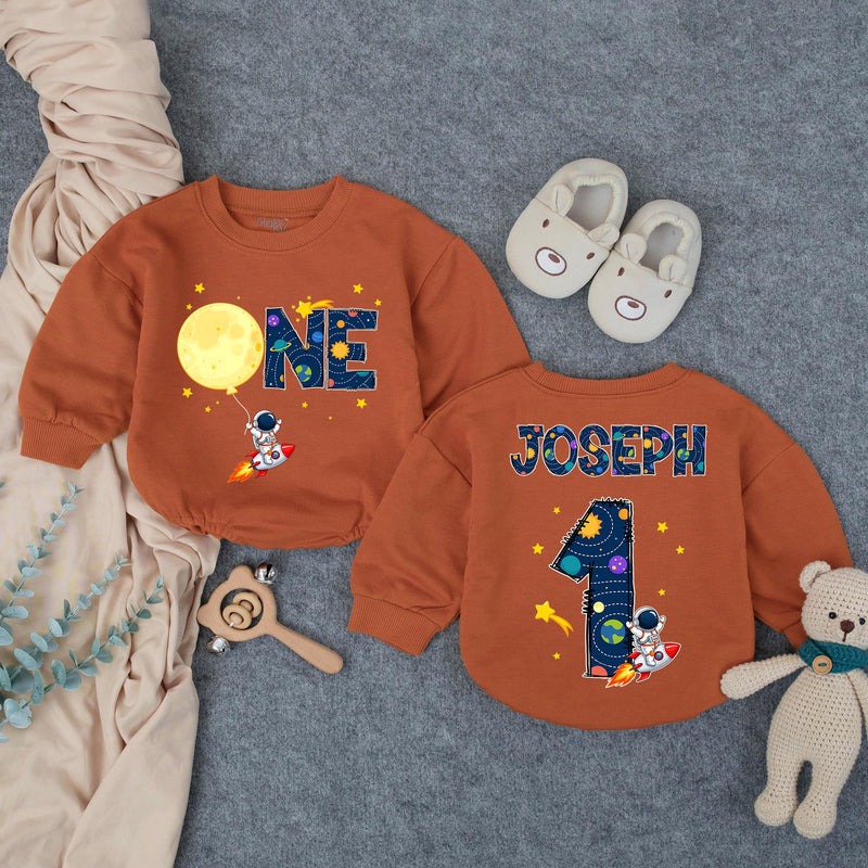 Personalized Outer Space First Birthday Outfit Baby Boy Romper with Astronaut Rocket Moon Design Custom Name for Party or Photoshoot