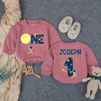 Personalized Outer Space First Birthday Outfit Baby Boy Romper with Astronaut Rocket Moon Design Custom Name for Party or Photoshoot