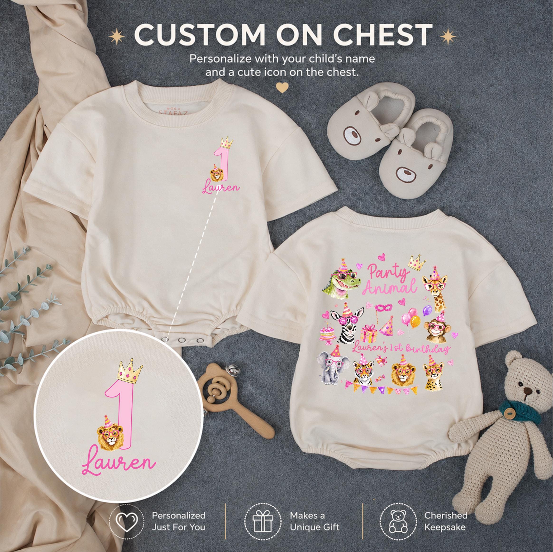 Personalized Party Animal 1st Birthday Outfit for Baby Girl with Pink Jungle Safari Animals, Festive Romper, Custom First Birthday Gift