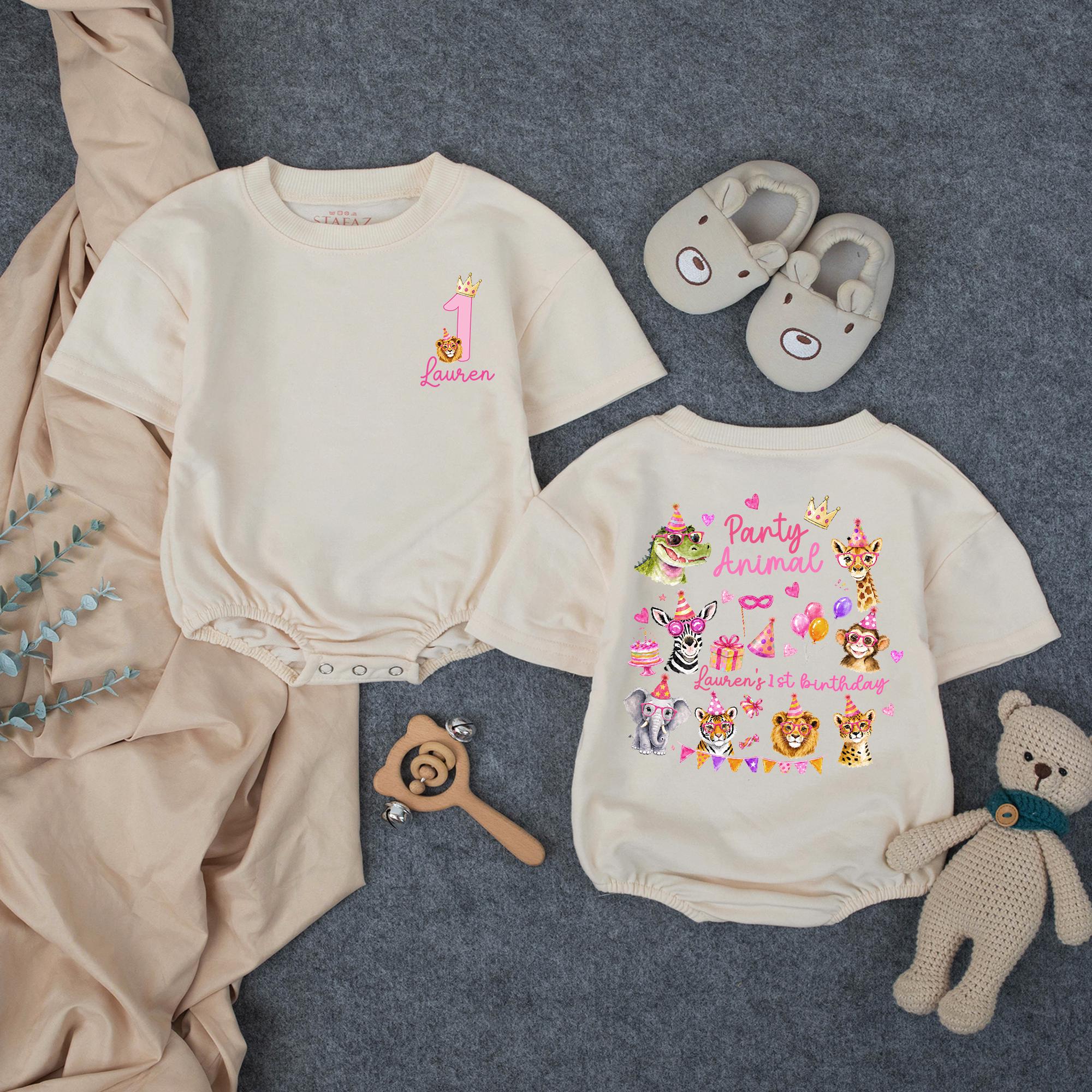Personalized Party Animal 1st Birthday Outfit for Baby Girl with Pink Jungle Safari Animals, Festive Romper, Custom First Birthday Gift