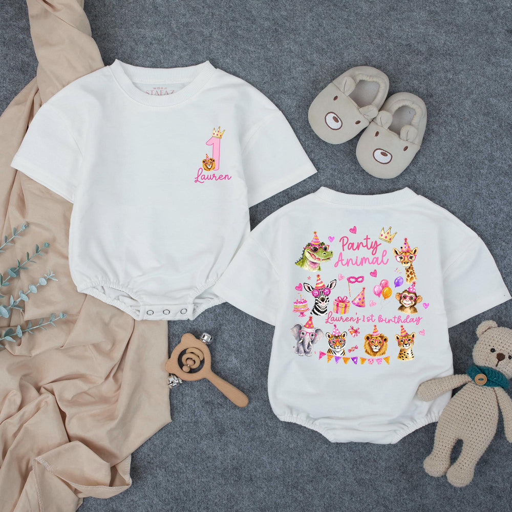 Personalized Party Animal 1st Birthday Outfit for Baby Girl with Pink Jungle Safari Animals, Festive Romper, Custom First Birthday Gift