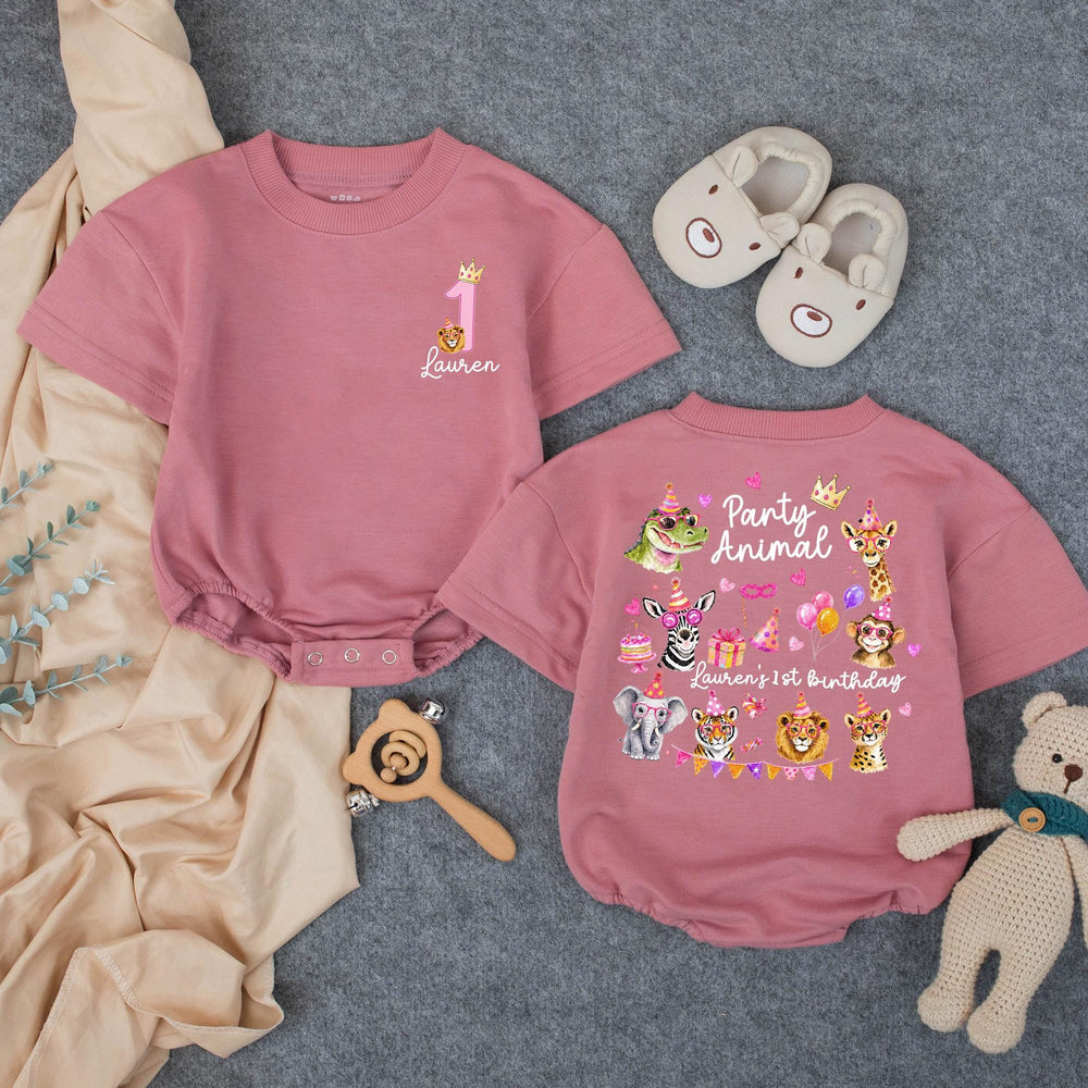 Personalized Party Animal 1st Birthday Outfit for Baby Girl with Pink Jungle Safari Animals, Festive Romper, Custom First Birthday Gift
