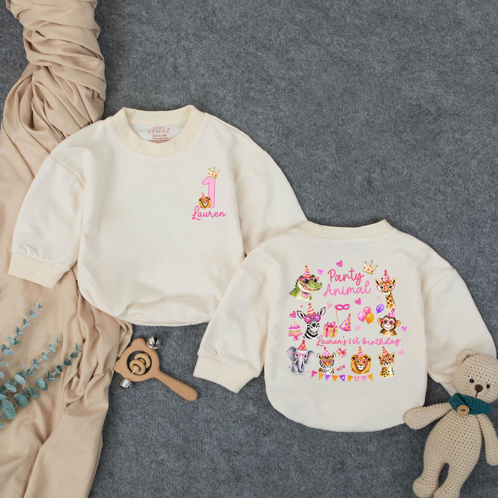 Personalized Party Animal 1st Birthday Outfit for Baby Girl with Pink Jungle Safari Animals, Festive Romper, Custom First Birthday Gift