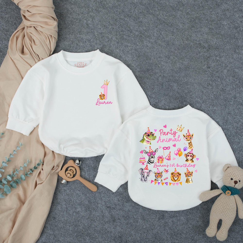 Personalized Party Animal 1st Birthday Outfit for Baby Girl with Pink Jungle Safari Animals, Festive Romper, Custom First Birthday Gift