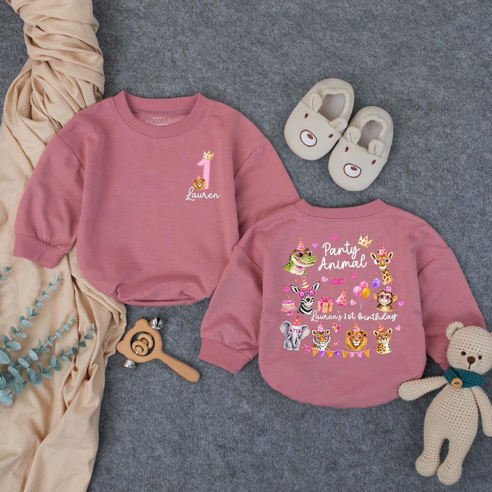 Personalized Party Animal 1st Birthday Outfit for Baby Girl with Pink Jungle Safari Animals, Festive Romper, Custom First Birthday Gift