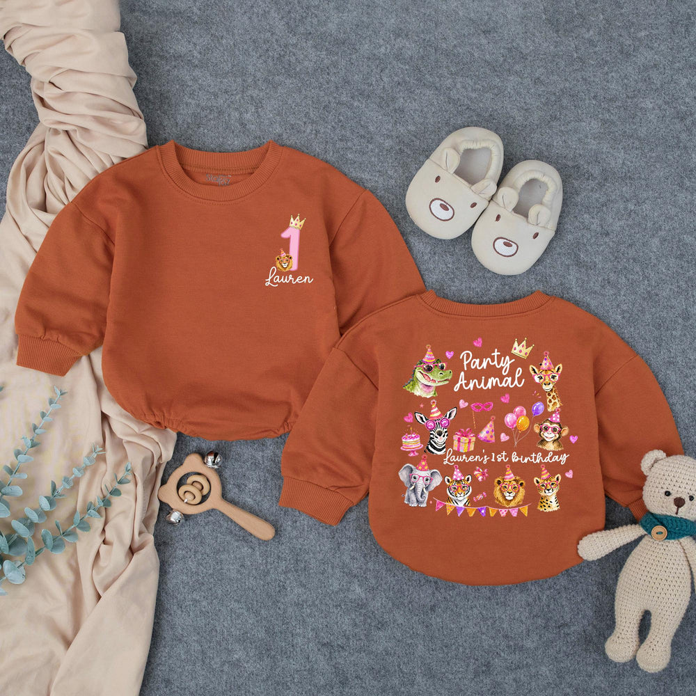 Personalized Party Animal 1st Birthday Outfit for Baby Girl with Pink Jungle Safari Animals, Festive Romper, Custom First Birthday Gift